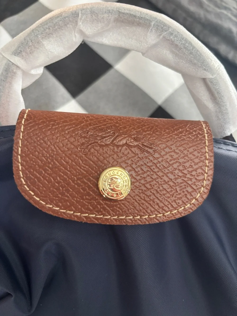 Longchamp Navy Nylon Le Pliage Mini Crossbody with Brown Trim - Picture 4 of 6